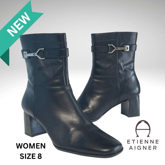 Etienne Aigner Black Leather Boots Size 8 | New in Box | Vintage - Picture 1 of 14